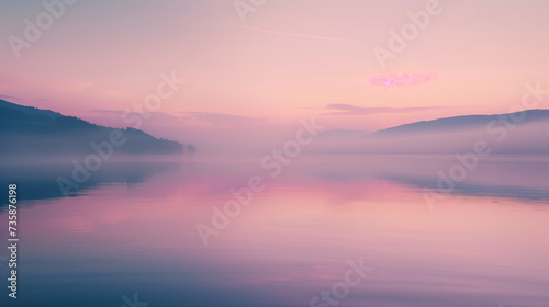 Tranquil Dawn at Lakeside: Serene Water Reflecting Soft Pink and Purple Hues with Misty Mountain Backdrop - High-Quality Peaceful Nature Scenery