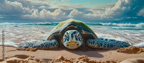 Serene sea turtle on sandy beach. nature meets ocean. capturing the wildlife essence. perfect for environmental themes. AI photo