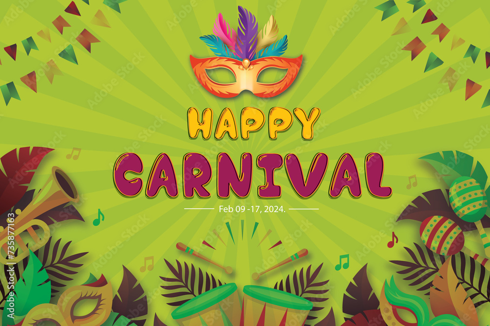 Carnival and festival. Vector illustration of musical and dance celebration, masquerade, party, people, palm and mask. Drawing for poster, background and card