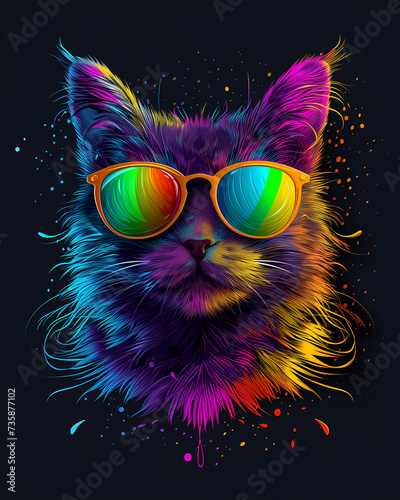Portrait of a cat in sunglasses with iridescent fur. Black background. modern print for clothes, t-shirts.