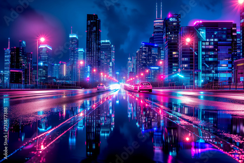 Illustration of a city in cyberpunk style. City of the future. Neon lighting. Dystopia. Digital illustration. © Bonya Sharp Claw