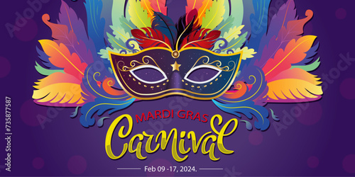 Carnival and festival. Vector illustration of musical and dance celebration, masquerade, party, people, palm and mask. Drawing for poster, background and card