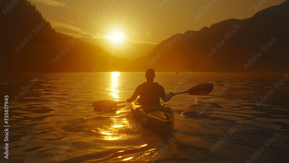 Solitary kayaker embraces serenity at sunset on a calm lake surrounded by mountains. a beacon of tranquility in the golden hour. perfect for adventure and travel themes. AI