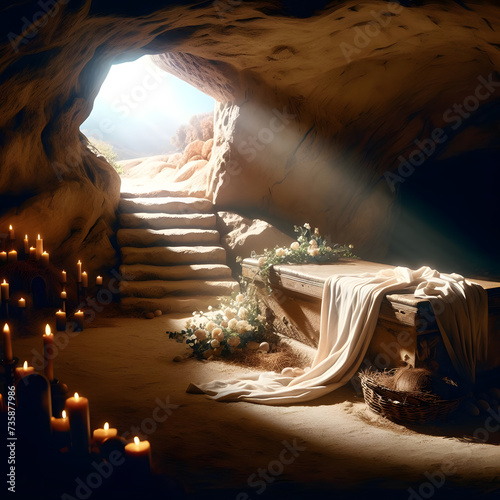 empty tomb with shroud on stone table. resurrection morning of Jesus Christ.