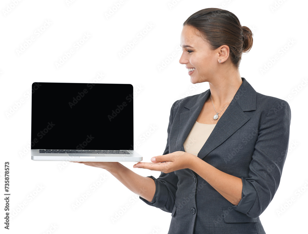 Happy woman, laptop screen and presentation for business advertising on a white studio background. Young female person, lawyer or attorney with smile, palm or showing computer display on mockup space
