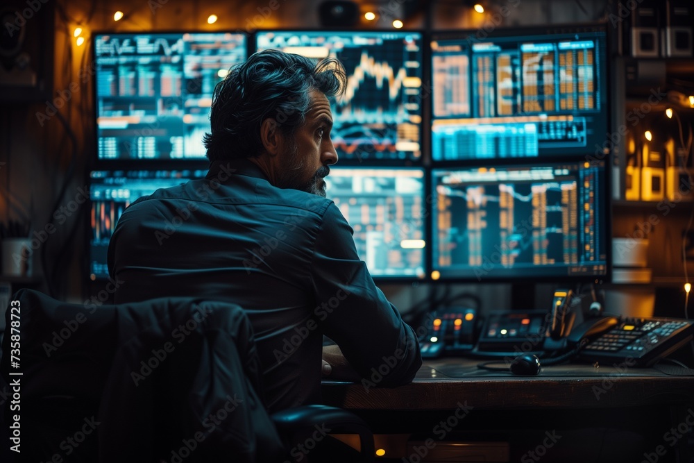 Businessman Studying Stock Market Trends Across Multiple Screens in Dimly Lit Office Businessman Studying Stock Market Trends Across Multiple Screens in Dimly Lit Office