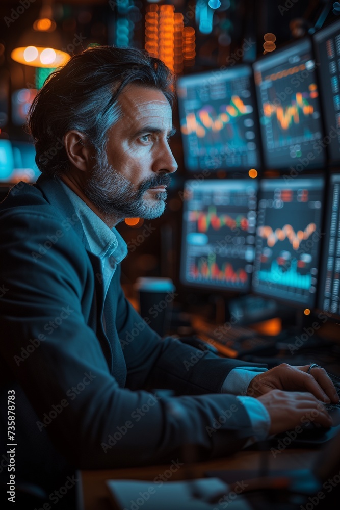 Fototapeta premium Businessman Studying Stock Market Trends Across Multiple Screens in Dimly Lit Office