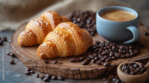 Freshly handmade baked croissants with coffee on a rustic wooden background. photo