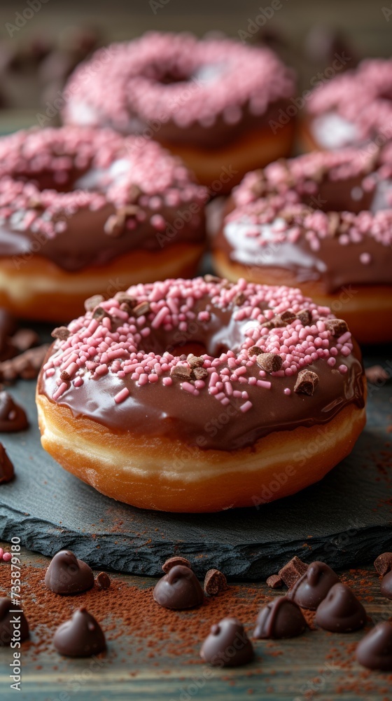 Homemade donuts with chocolate and sugar on a wooden background, selective focus, side view Homemade donuts with chocolate and sugar on a wooden background, selective focus, side view