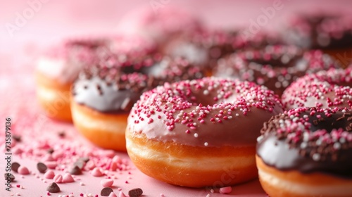 Homemade donuts with chocolate and sugar on a pastel pink background, side view.