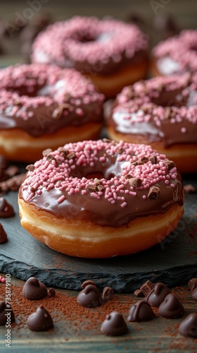 Homemade donuts with chocolate and sugar on a wooden background, selective focus, side view