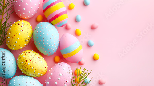 Colorful Easter eggs on pastel pink background. Generative AI.
