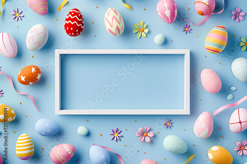Colorful Easter eggs on pastel blue background. Generative AI.