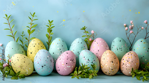 Colorful Easter eggs on pastel blue background. Generative AI.