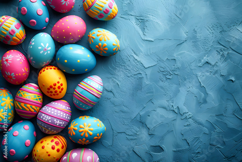 Colorful Easter eggs on blue background. Generative AI.