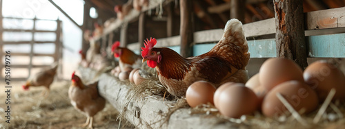 hen lays eggs on the farm photo