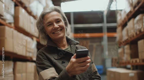 Woman in warehouse smiles, using smartphone to arrange reliable delivery services for relocation; cardboard boxes stacked behind her.