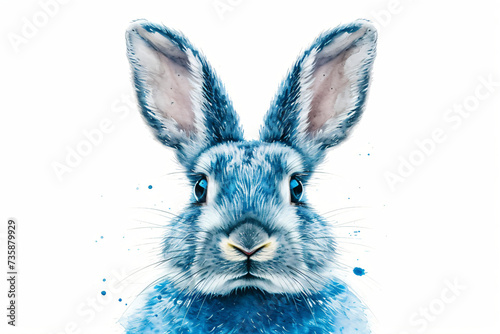 Watercolor illustration of a cute fluffy blue rabbit with big ears isolated on white background. Happy Easter. Cartoon character for nursery, baby shower. Banner, poster, flyer with copy space