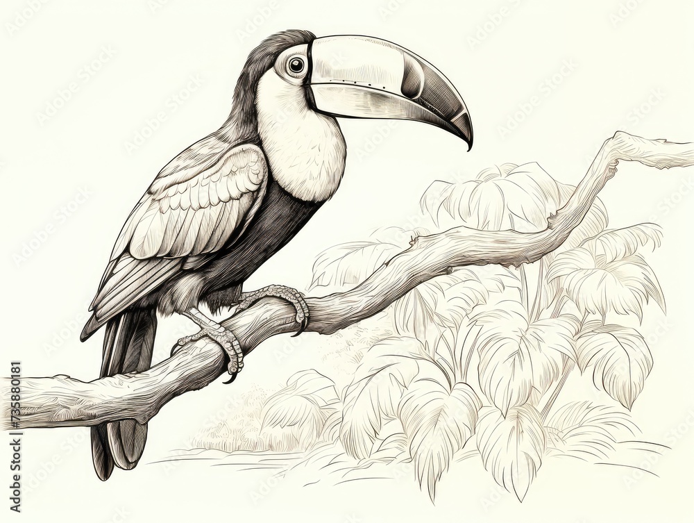Fototapeta premium Hand Drawn Engraving Toucan in Vintage Dress, Ink Pen Exotic Bird, Big Beak, Old-Fashioned Toucan