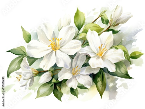 Watercolor Jasmine Isolated, Aquarelle Spring Blossom, Creative Watercolor White Jasmine Flowers on White