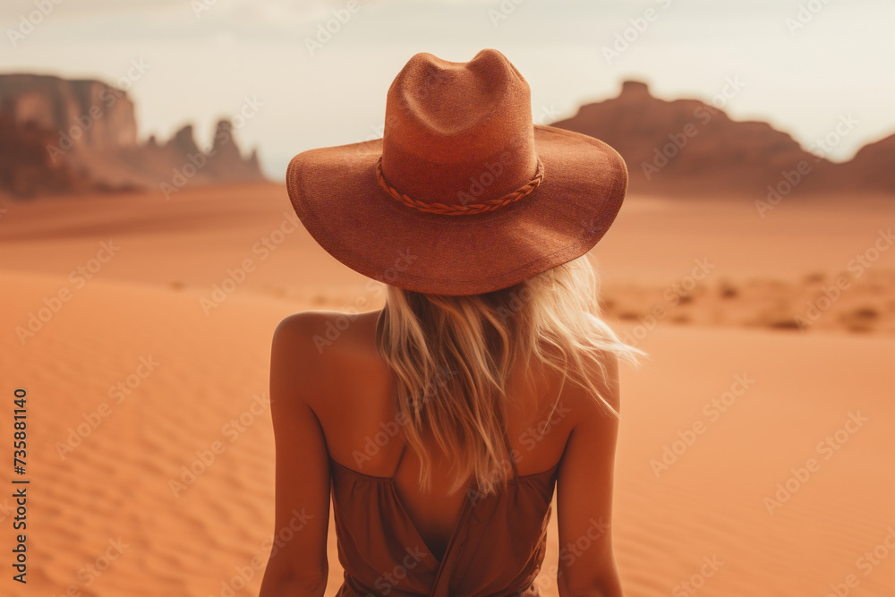 Woman from back on a desert dunes enjoying her vacation at sunset. Travel concept. Generative AI.