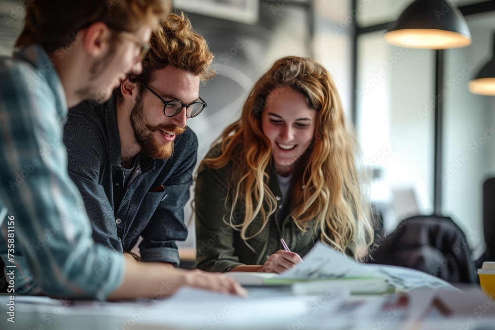 A group of young professionals collaborates on a project in a bright, modern office.
