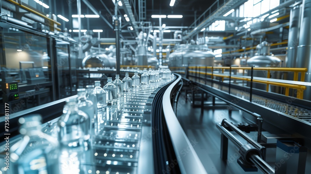 Conveyor belt in a futuristic bottling plant with rows of transparent bottles. Conveyor belt in a futuristic bottling plant with rows of transparent bottles.