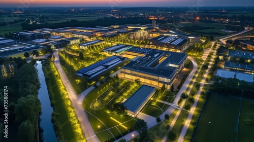Aerial view of a modern business park illuminated at twilight, showcasing architectural design.