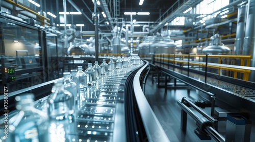 Conveyor belt in a futuristic bottling plant with rows of transparent bottles.