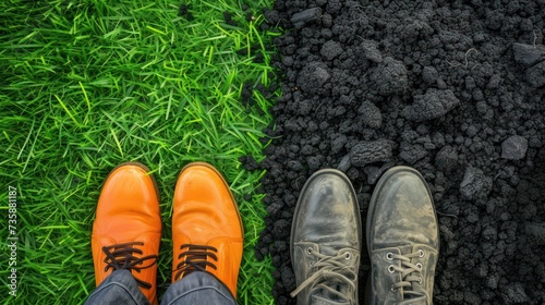  A visual representation illustrating the choices in reducing carbon footprint: one foot resting on lush green grass while the other stands on burning coal.