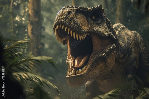 Realistic Tyrannosaurus Rex roaring in a dense jungle setting.