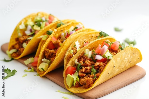 Colorful tacos with fresh ingredients on a wooden board.
