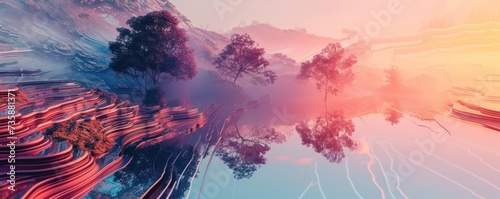 Integration of AI technology in mental health, presenting serene landscapes overlaid with calming digital patterns and AI-generated elements.