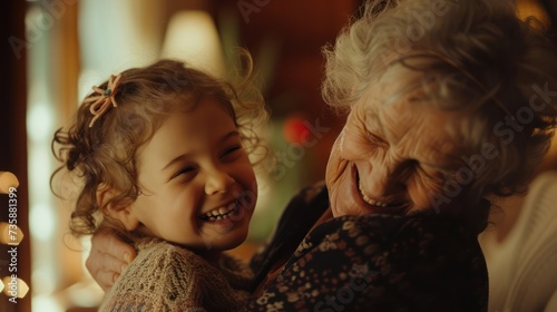 Grandmother and grandchild share joyful embrace, celebrating love.