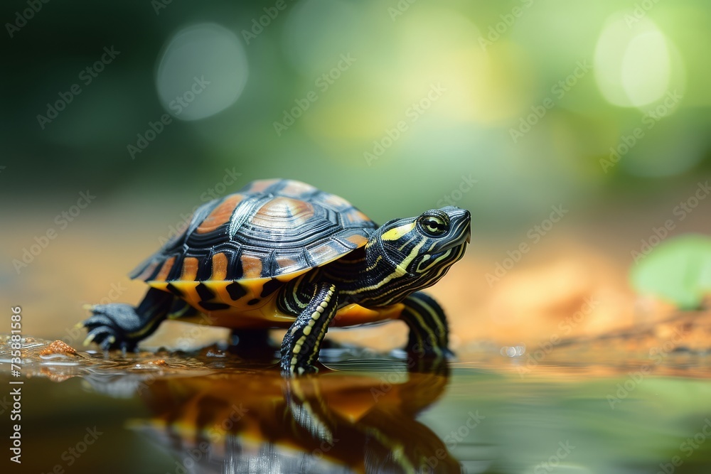 Obraz premium A small turtle trekking through shallow water with a backdrop of green foliage.