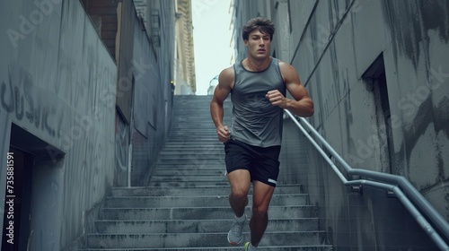 Man in sleeveless top and shorts jogging up concrete stairs in city.