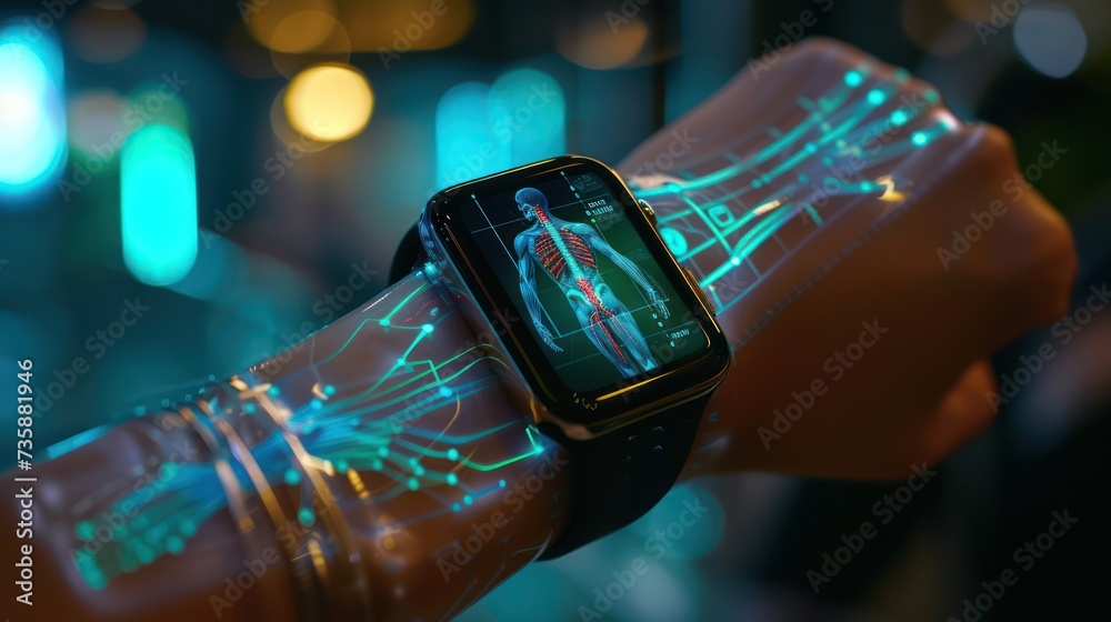 Person's wrist wearing smartwatch showing futuristic holographic human ...