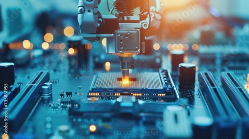 Industrial robot depicted in close-up as it installs central processing unit on motherboard, showcasing microchip manufacturing automation.