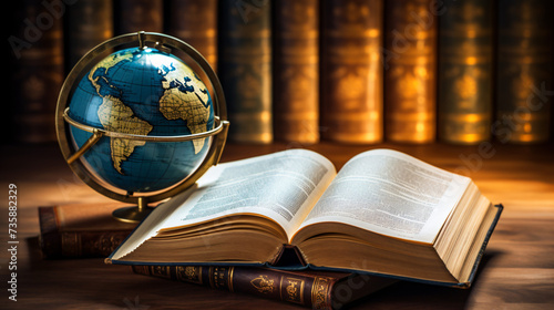 an open book with glasses and a globe
