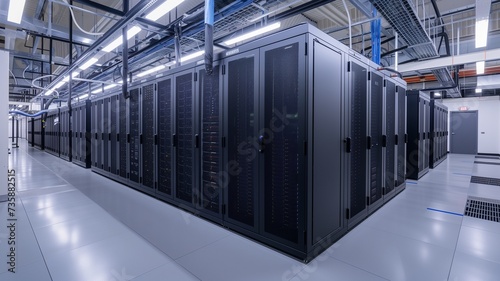 Network server room with multiple rows of fully functioning server racks. Modern telecommunications