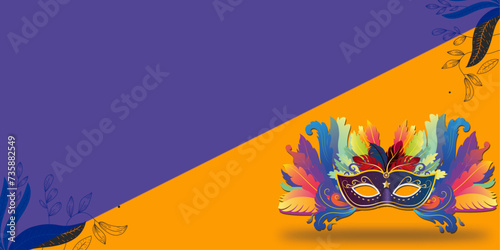 Carnival and festival. Vector illustration of musical and dance celebration, masquerade, party, people, palm and mask. Drawing for poster, background and card