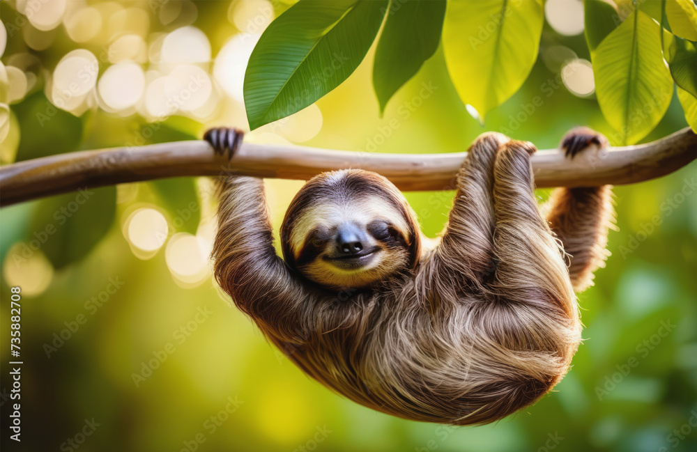 Fototapeta premium Tired cute sloth sleeps hanging on a tree.