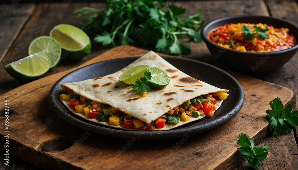 A vegetable quesadilla sliced into neat triangles arranged artistically on a weathered wooden board, accompanied by fresh herbs and lime wedges, inviting viewers to indulge in its savory flavors