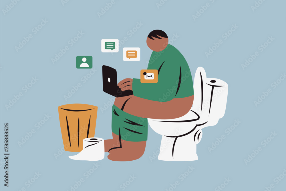 Male is working on a laptop while sitting on the toilet Vector Illustration