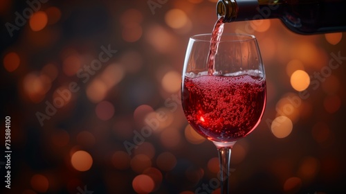 Red wine being poured into a glass, sparkling bubbles and warm bokeh background, symbolizing celebration and fine dining