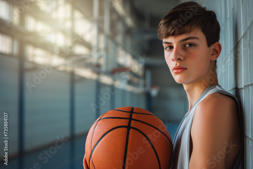 Beautiful Basketball teen male player holding a basket ball posing in basket sports hall. © VisualProduction