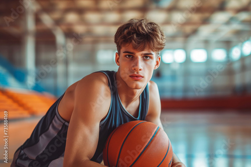 Beautiful Basketball teen male player holding a basket ball posing in basket sports hall. © VisualProduction