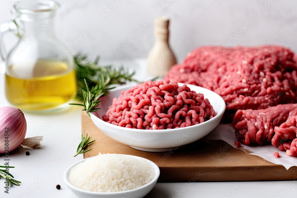 Minced Meat, Onions, Eggs on White Table, Ground Fresh Meat Fillet, Uncooked Red Mincemeat, Raw Veal Minced Meat, Onions, Eggs on White Table, Ground Fresh Meat Fillet, Uncooked Red Mincemeat, Raw Veal