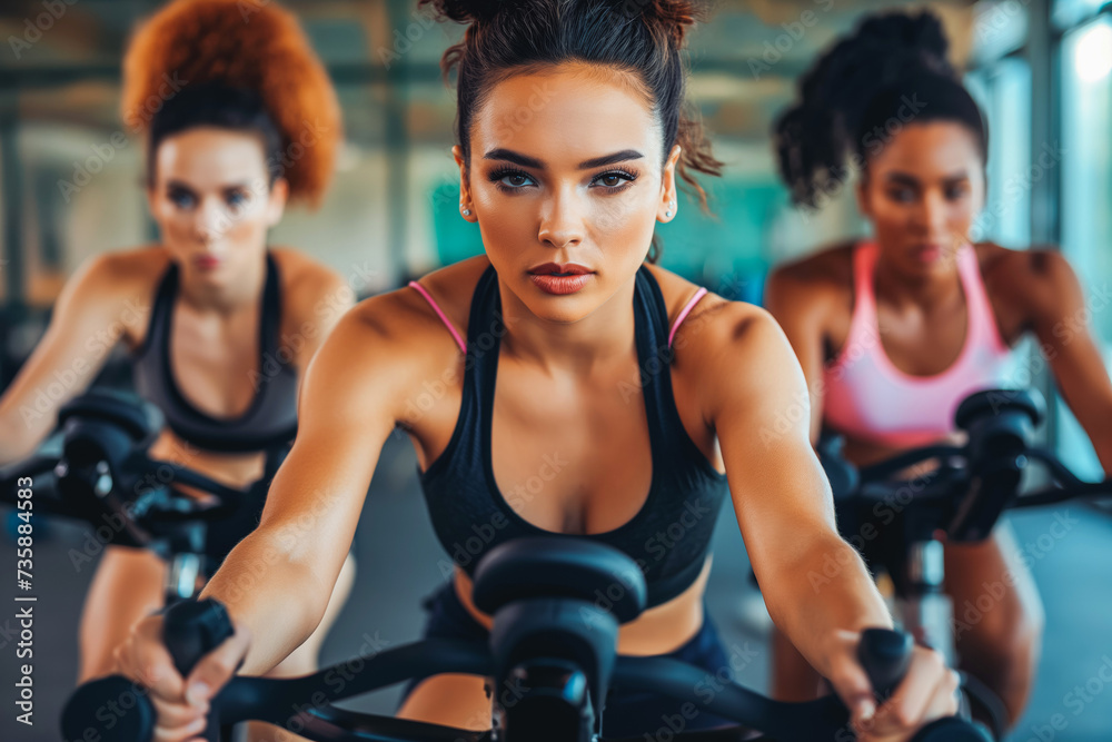 Group of three sporty women in sportswear riding stationary bikes on cycling class at gym.