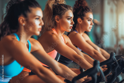 Group of three sporty women in sportswear riding stationary bikes on cycling class at gym.